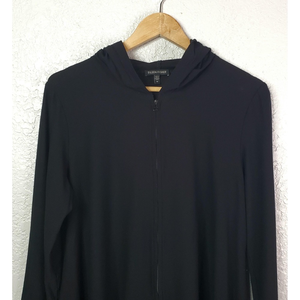 Eileen Fisher Jacket Womens Medium Black Hooded Zip Front Cardigan Hanky Hem - Picture 2 of 16